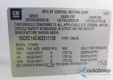 2008 Chevrolet Silverado 1500 Work Truck from USA, damaged, VIN 1GCEC14C48Z211135